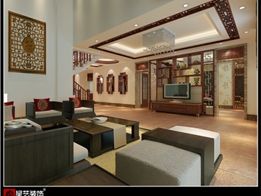本案推崇中式设计风格，一楼厅堂与独立的品茶区用以半